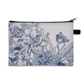Floral makeup bag in beige with blue botanical print and black zipper closure - Blue and White Porcelain