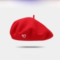 Chic red wool beret featuring a white heart embroidery and soft texture for women - Red