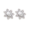 Silver flower stud earrings with zircon petals and smiley face centers for women - Flower Happy Face Style (EH00171白k) / Silver