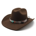 Klassischer dunkelbrauner Filzhut Cowboy-Stil mit Ethno-Webband und Türkis-Perlen - M (56-58cm) / Kaffeebraun