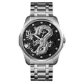 Men's silver stainless steel watch with black dial and silver 3D dragon relief - Silver Band Black Dial