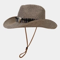 Dettaglio cappello cowboy in paglia con fascia etnica, fibbia a teschio e laccio sottomento - Marrone Scuro