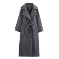Women's dark grey long wool coat with double-breasted buttons and matching waist belt - XS / Dark Gray