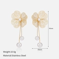 Detailed dimensions of 95mm long gold floral tassel earrings with pearl and steel - Tassel Flower