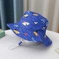 Detailed view of blue kids bucket hat with shark prints and adjustable chin strap - Size 52 Approx. 2-5 Years / Blue Shark