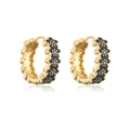 Close-up of gold-plated hoop earrings with black enamel flower pattern on white background - Black
