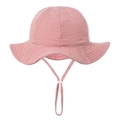 Detail view of cotton gauze sun hat with adjustable drawstring and soft breathable fabric - 0-12 Months / Dusty Pink