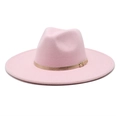 Detailed view of pink wool fedora hat featuring 9.5cm wide brim and gold buckle band - M (56-58cm) / Pink