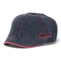 Macro view of washed denim newsboy cap with red contrast stitching and embroidery - One Size / Dark Blue With Red (A)