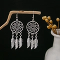 Dreamcatcher feather drop earrings in silver finish with intricate mesh details - Dreamcatcher Hollow Feather Style (E4698-3)