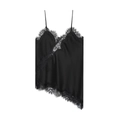 Schwarzes Camisole in Seidenoptik mit Spitzenbesatz und asymmetrischem Saum flach liegend - XS / Schwarz