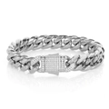 Pulsera cubana de acero plateado con cierre rectangular con diamantes y reflejo elegante - Acero (10mm Ancho / 9 pulgadas Longitud)