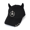 Detail of black cotton baseball cap with devil horns and metal rings with skull pendant - Skull Black
