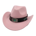 Pink felt cowboy hat featuring detailed floral embroidery and a vintage silver buckle - Pink (Green/Silver Embroidery)