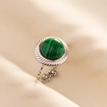 Detail of adjustable 304 stainless steel ring with a round green malachite stone inlay - Adjustable Open (J563-S-G) / Silver-Green Stone