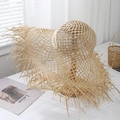 Détail d'un chapeau de soleil en raphia tissé main avec maille ajourée et bords effilochés - M (56-58cm) / Raphia Fin Effiloché