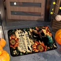Close-up of Happy Halloween door mat with sunflowers and skulls on a stone floor - 40*60cm / Orange Red
