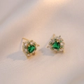 Exquisite gold heart earrings with emerald green stones and pavé zircon accents - Green Heart Style (E0317)