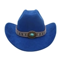 Royal blue western cowboy hat with ethnic embroidered band and turquoise accent stone - One Size / Oval Blue Stone Decoration / Sapphire Blue