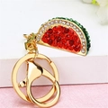 Sparkling watermelon crystal keychain with red and green rhinestones on gold metal base - Watermelon Slice