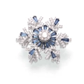 Elegant rotating silver snowflake brooch with blue crystals and zircon on white background - Silver Royal Blue Brooch