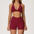 Dark red yoga set with V-neck sports bra and high-waisted crossover shorts with pockets - S / 2044 Bra + 2030 Shorts - Cherry Red