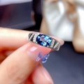 Silver ring featuring a large oval blue gemstone and small side diamonds for men - Platinum Ljz-267 / Adjustable Open