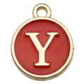 DIY colorful round alphabet pendant featuring a golden frame with red enamel letter Y - Letter Y Style / 1 Piece (12x14mm) / Red