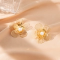 Golden hollow flower earrings with delicate layered petals and centered pearl detail - Five-petal Flower