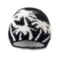 Unisex fuzzy knit beanie with white palm tree pattern on black mohair textured fabric - Adult Size / Black