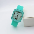 Detailed view of mint green square quartz watch with silicone strap and rose gold markers - Light Green Number Style