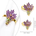 Purple crystal flower napkin ring with green leaves and gold metal band for hotel decor - Golden Purple Green Rhinestone Bouquet