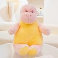 Dettaglio del peluche di dinosauro rosa e giallo su un tavolino a strisce bianche - 38*37*30cm / Dinosauro Rosa