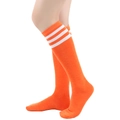 Orange knee-high socks with three white stripes and elastic knit athletic texture - One Size / Orange with White Stripes