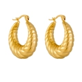 Polished gold stainless steel croissant hoop earrings with twisted spiral texture on white background - Croissant Spiral Twist Style / Gold