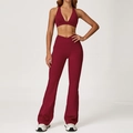 Women's deep red yoga set with V-neck sports bra and crossover flare leggings - 2044 Bra + 2030-2 Flared Pants - Cherry Red