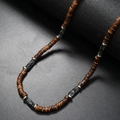 Men's coconut shell beaded necklace with wood and stone beads on a black background - Grey Stone