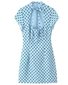 Detail of light blue polka dot dress featuring a bow tie neckline and teardrop cutout - Blue Polka Dot