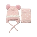 Pink heart-themed knit baby hat and scarf set with white polka dots and pom-poms - Pink Polka Dots