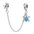 Detail of silver safety chain featuring sea turtle and starfish charms with blue stones - Turtle Safety Chain