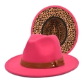 Close-up of fuchsia fedora hat featuring leopard print lining and brown leather rivet band - M (56-58cm) / Rose Red