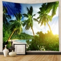 Détail d'une tapisserie de plage tropicale avec palmiers et océan sur un mur minimaliste - Plage Tropicale (GT330133) / 73X95CM (Brossé Transfrontalier)