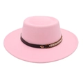 Detailed close-up of pink felt boater hat featuring a woven band and metallic buckle - Pink