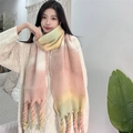 Thick mohair scarf with pink, yellow and green gradient pattern and fringed edges - Cloud Pink