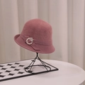 Pink knitted cloche hat for women with ribbon bow, pearl and rhinestone ornament - Pearl Ring / Dusty Pink
