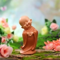 Cute brown ceramic monk car dashboard ornament with praying hands and smiling face - Heart Pose (Small Size)
