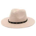 Classic white Panama sun hat with flat brim and studded leather band for summer outdoor style - M(56-58cm) / Pink