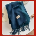 Navy blue faux cashmere scarf with fringe and vintage woven label detail - Dark Green
