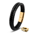 Men's double-braided black leather bracelet with a polished gold magnetic clasp closure - Double Layer Round Rope / Gold
