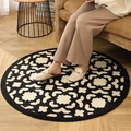 Thick round geometric black and white woven carpet for bedroom with non-slip backing - Diameter 80cm / Abundant Flowers